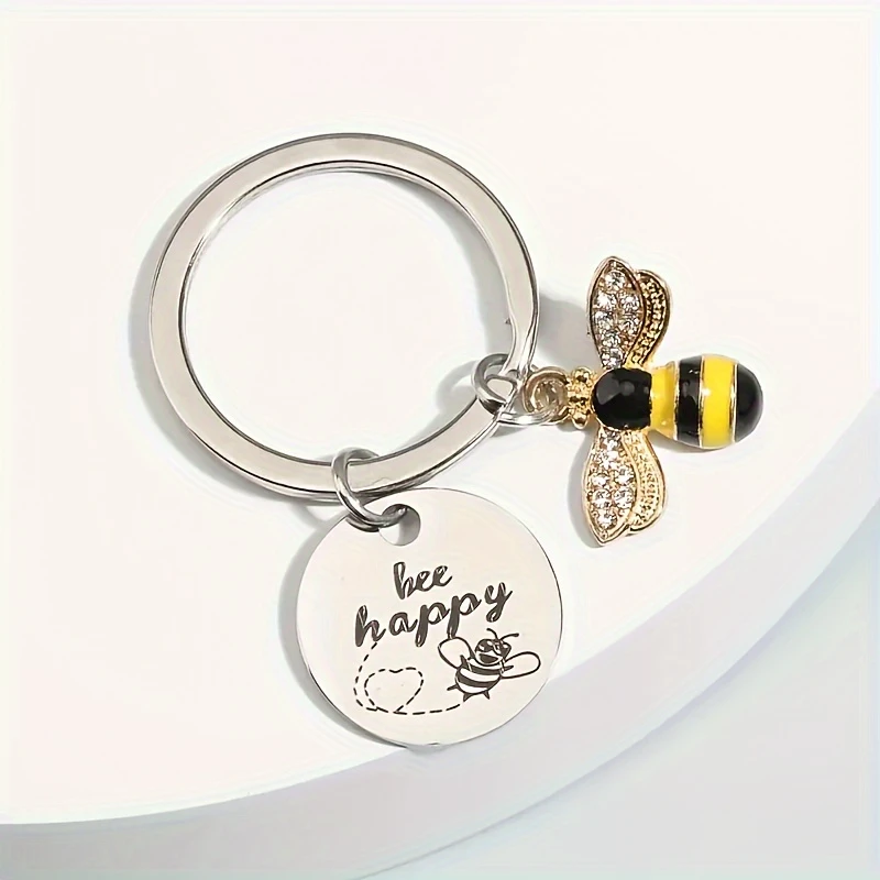 Breloc rotund din oțel inoxidabil cu albină – „Bee Happy”, model decorativ pentru femei [2]