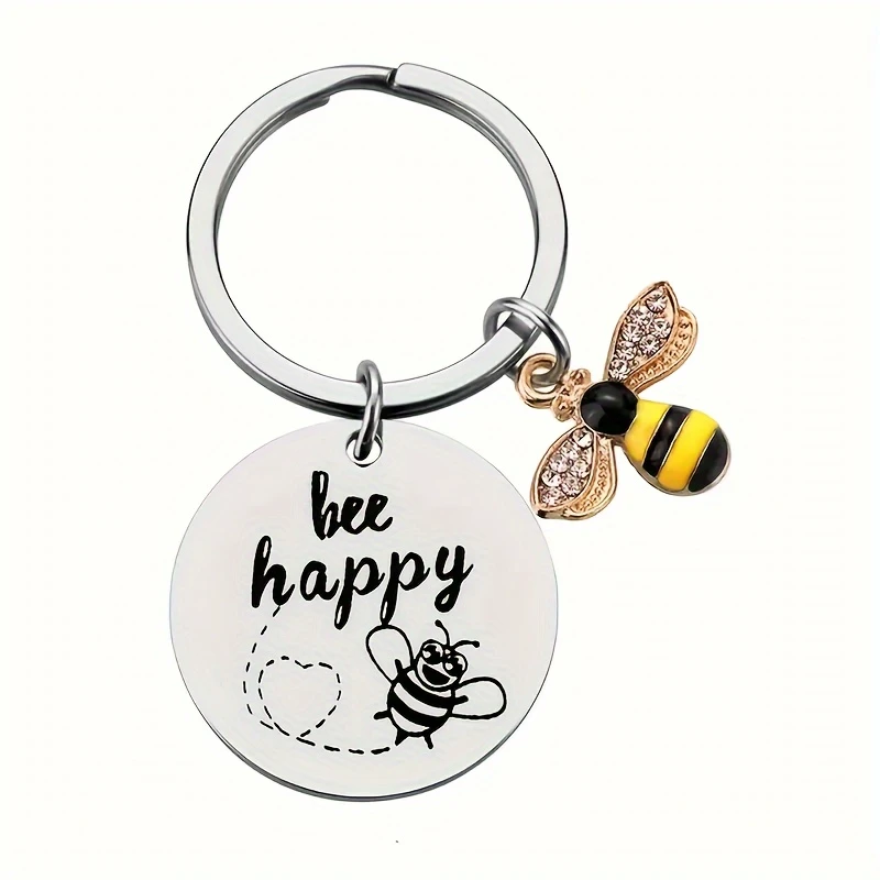 Breloc rotund din oțel inoxidabil cu albină – „Bee Happy”, model decorativ pentru femei [3]