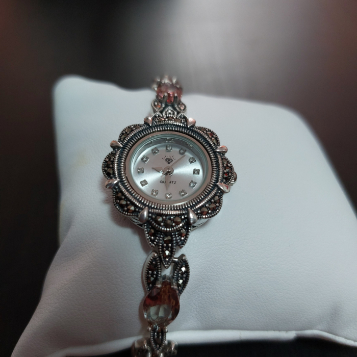 Ceas din argint masiv Serenity cu piatra naturală Zultamit și pietricele naturale marcasite [6]