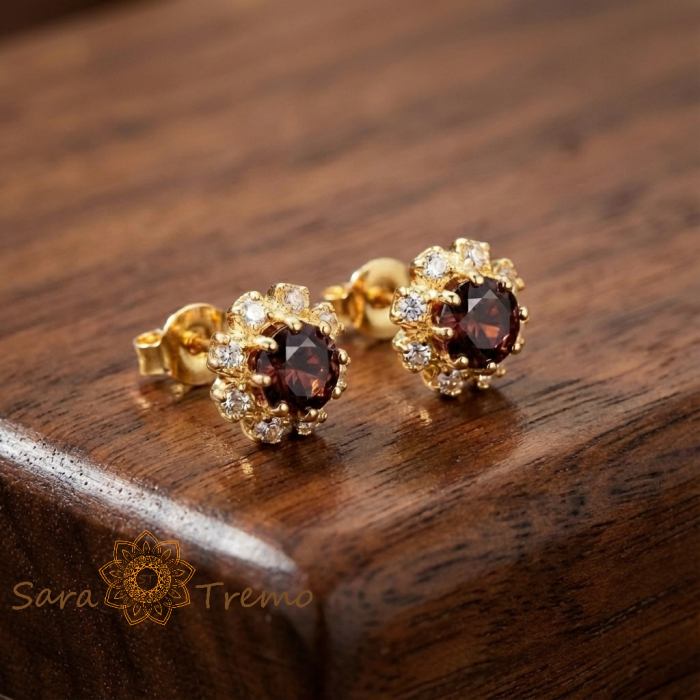 Cercei Floare Visinie – Cercei Tip Surub placati 18K Brazilia, piatra visinie [2]