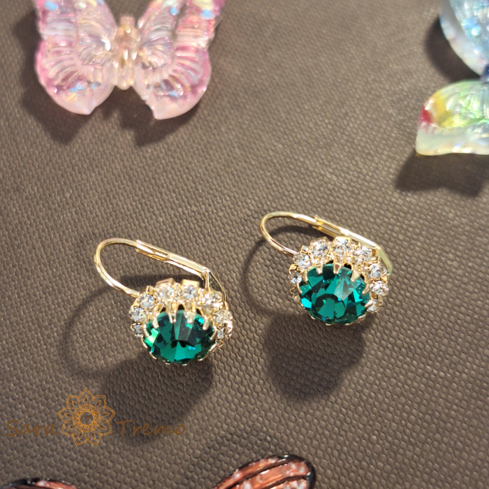 Cercei clasici placați cu aur – floare mare cu cristal zirconia verde [3]