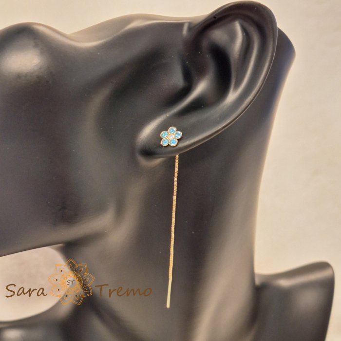 Cercei Blue Blossom – placati aur 18K, 6 cm, flori albastre, Brazilia [2]