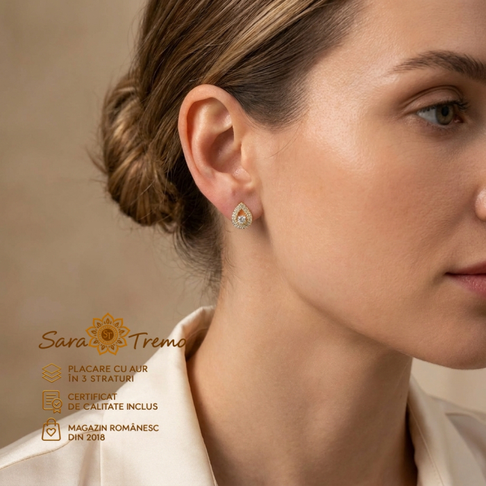Cercei Aurea Diamante cu pietre strălucitoare și design picătură, placați cu aur 18K, 1 cm – Brazilia [2]