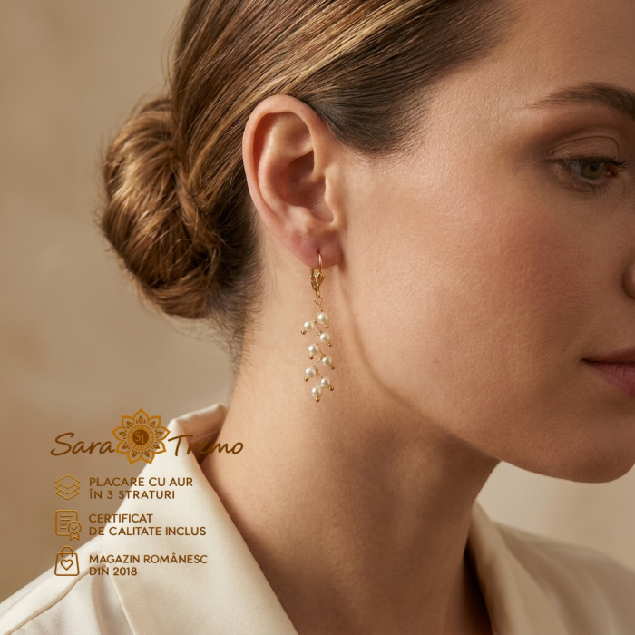 Cercei lungi Perla Rugiada cu perle albe și ramuri aurii, placați cu aur 18K, 6 cm – Brazilia [2]