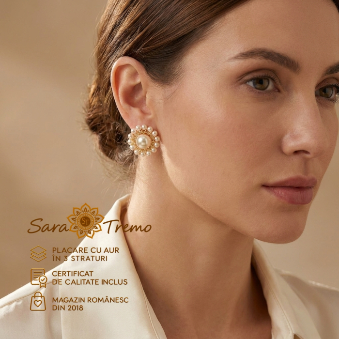 Cercei Perla Solenne cu perle albe și design floral, placați cu aur 18K, diametru 2 cm – Brazilia [2]