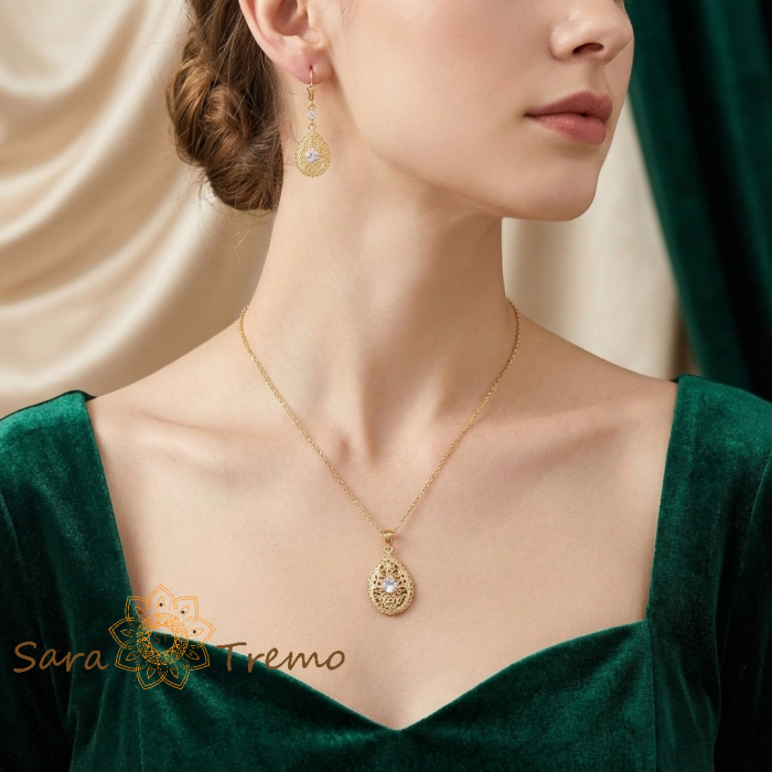 Set Dantela Luminii – Colier 45 cm + Cercei placati 18K, model picatura filigran [3]