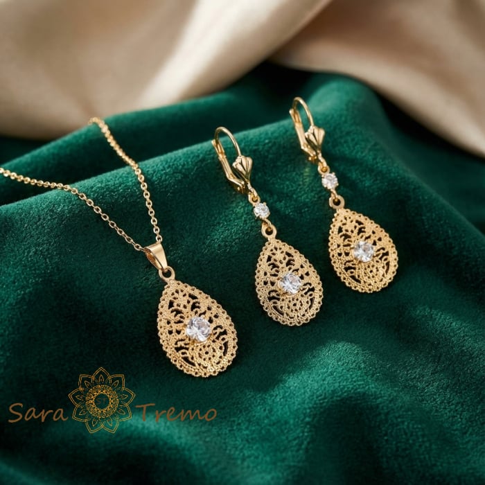 Set Dantela Luminii – Colier 45 cm + Cercei placati 18K, model picatura filigran [2]