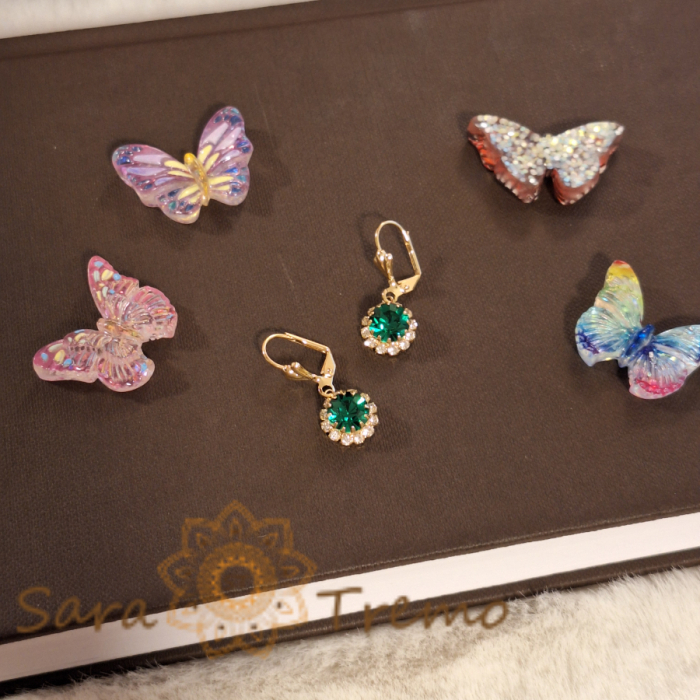 Cercei placati cu aur 18K, cristale zirconia verde+albe în formă de crizantemă [2]