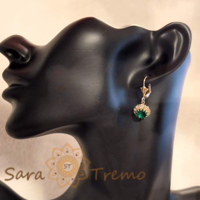 Cercei placati cu aur 18K, cristale zirconia verde+albe în formă de crizantemă [4]