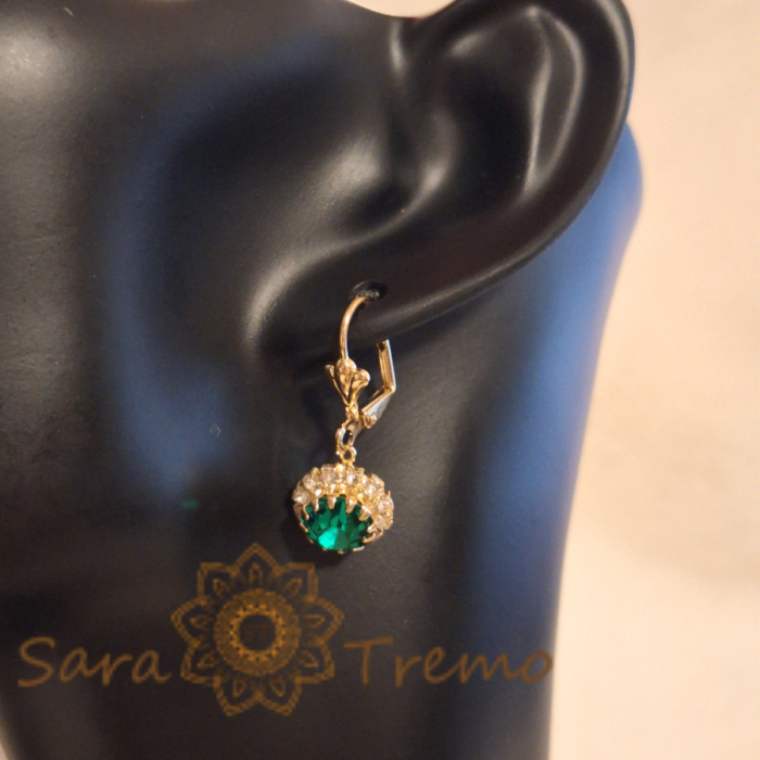 Cercei placati cu aur 18K, cristale zirconia verde+albe în formă de crizantemă [5]