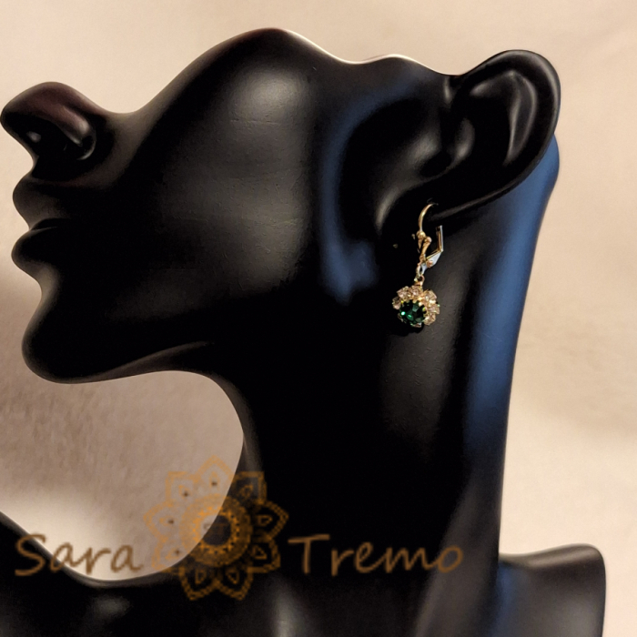 Cercei placati cu aur 18K, cristale zirconia verde+albe în formă de floare [5]