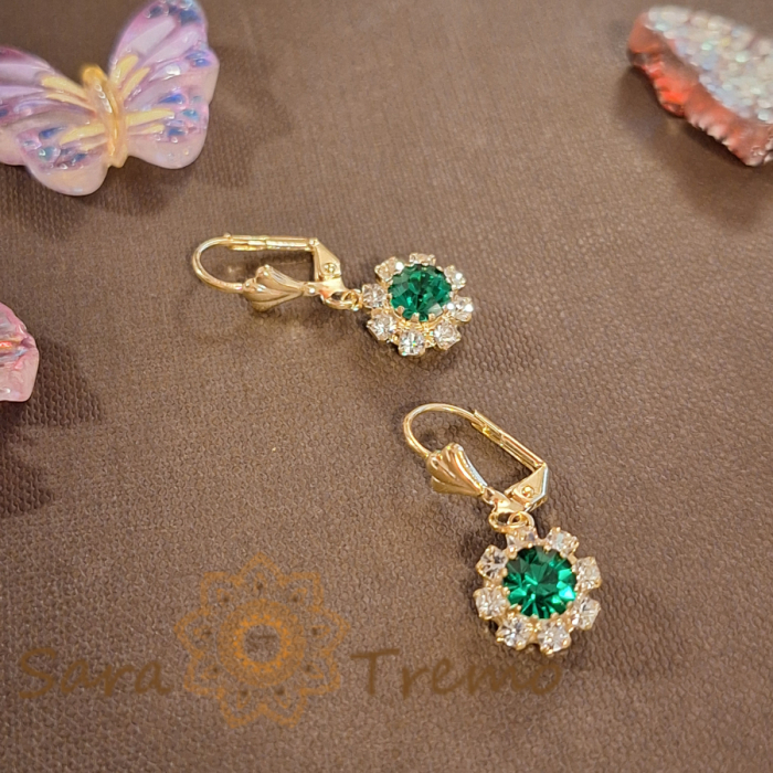 Cercei placati cu aur 18K, cristale zirconia verde+albe în formă de floare [3]