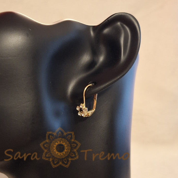 Cercei placati cu aur 18K, decor floral cu cristal zirconia negru și cristale albe [6]