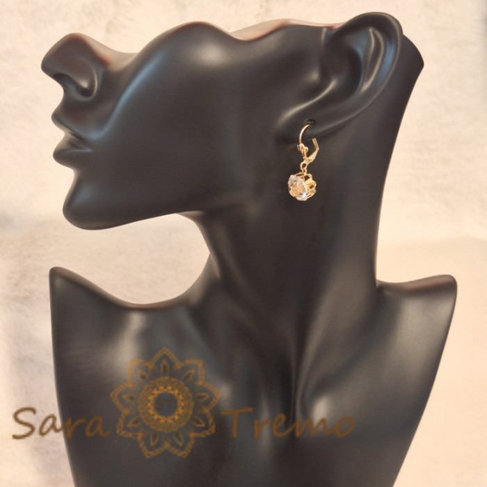 Cercei Placați cu Aur, Model Clasic cu Cristal Zirconia Alb-Crem Fațetat de Mari Dimensiuni [2]