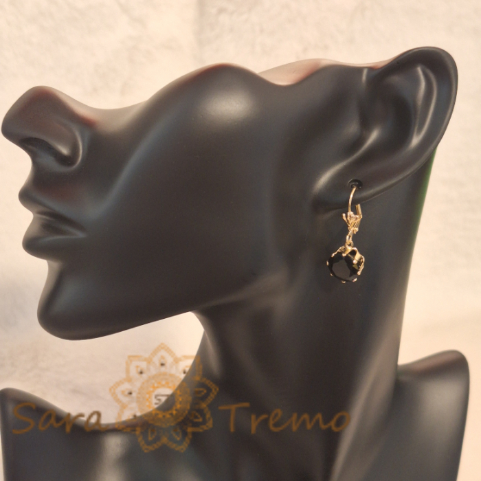 Cercei Placați cu Aur, Model Clasic cu Cristal Zirconia Negru Fațetat [2]