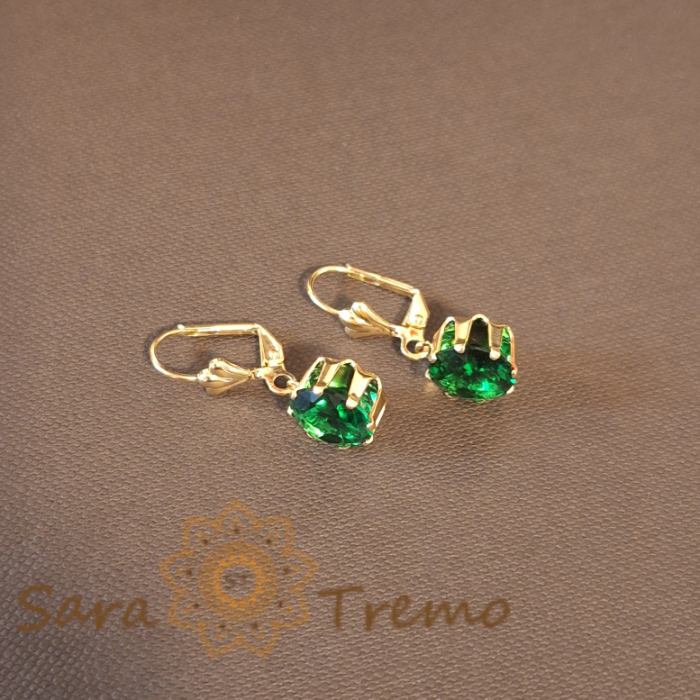 Cercei Placați cu Aur, Model Clasic cu Cristal Zirconia Verde Fațetat de Mari Dimensiuni [2]