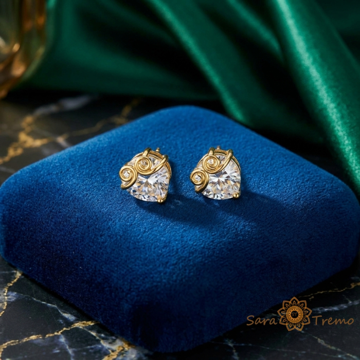 Cercei Bufnita Luminoasa – Cercei placati cu 3 straturi de aur 14K, zirconia inima [2]