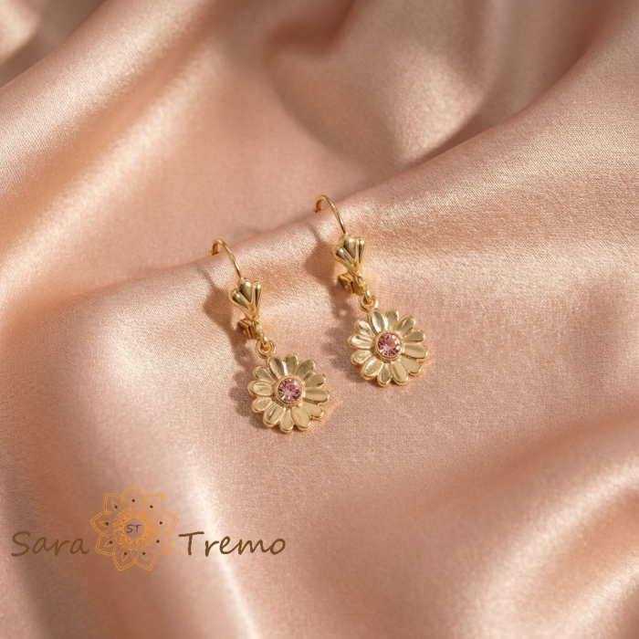 Cercei Floarea Inimii – Cercei placati 18K Brazilia, margarete cu cristal roz [3]