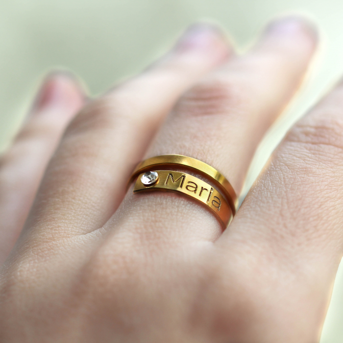 Clara - Inel personalizat cu nume asimetric reglabil din argint 925 placat cu aur galben 24K [3]