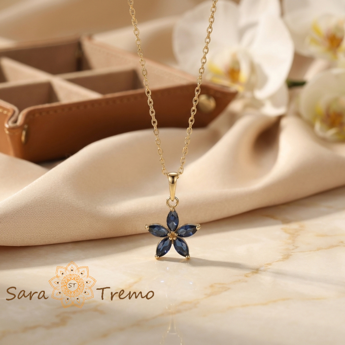 Colier Floarea Safirului – Colier placat cu aur 14K cu cristale albastre [2]