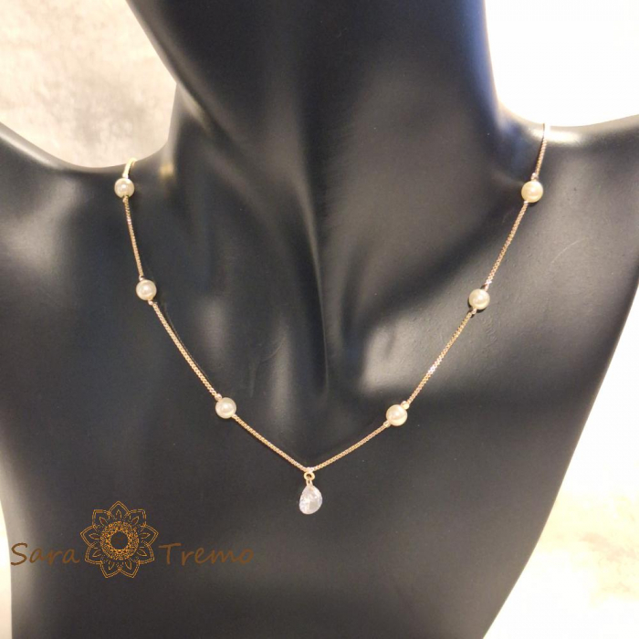 Colier placat cu aur, ștanțat – perle și pandantiv cu cristal zirconia, 45 + 5 cm [6]