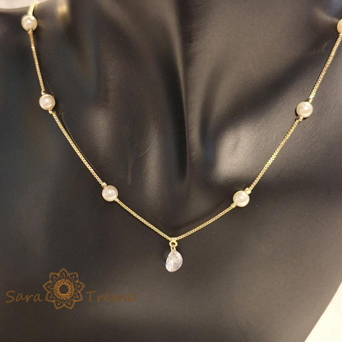 Colier placat cu aur, ștanțat – perle și pandantiv cu cristal zirconia, 45 + 5 cm [7]