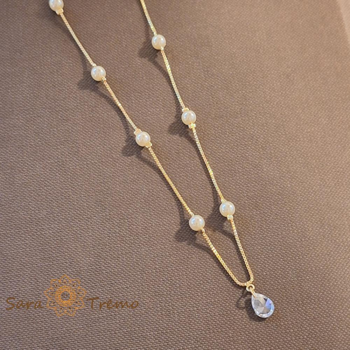 Colier placat cu aur, ștanțat – perle și pandantiv cu cristal zirconia, 45 + 5 cm [1]