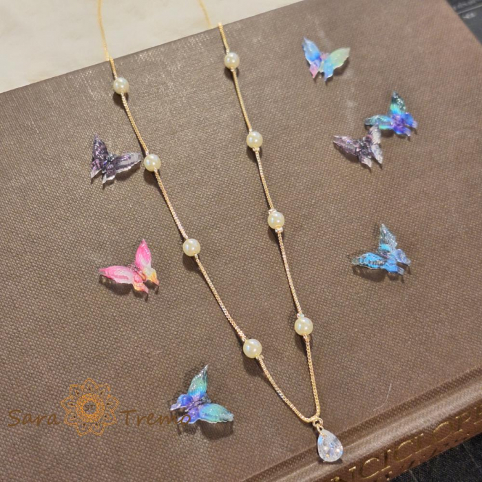 Colier placat cu aur, ștanțat – perle și pandantiv cu cristal zirconia, 45 + 5 cm [4]