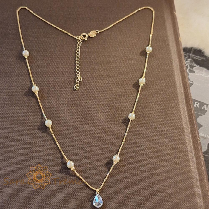 Colier placat cu aur, ștanțat – perle și pandantiv cu cristal zirconia, 45 + 5 cm [2]