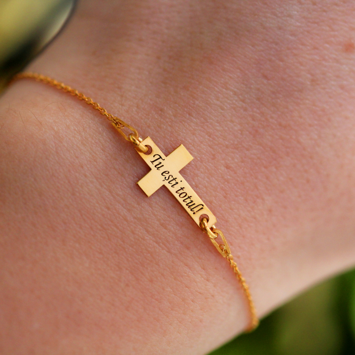 Crux - Bratara personalizata din argint placat cu aur galben 24K cruce cu text [3]