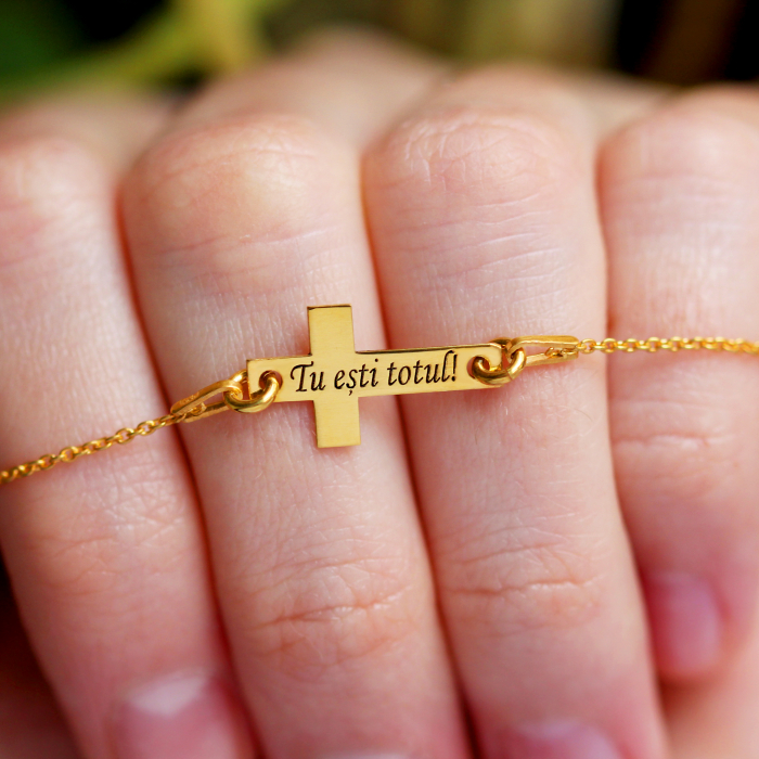 Crux - Bratara personalizata din argint placat cu aur galben 24K cruce cu text [4]