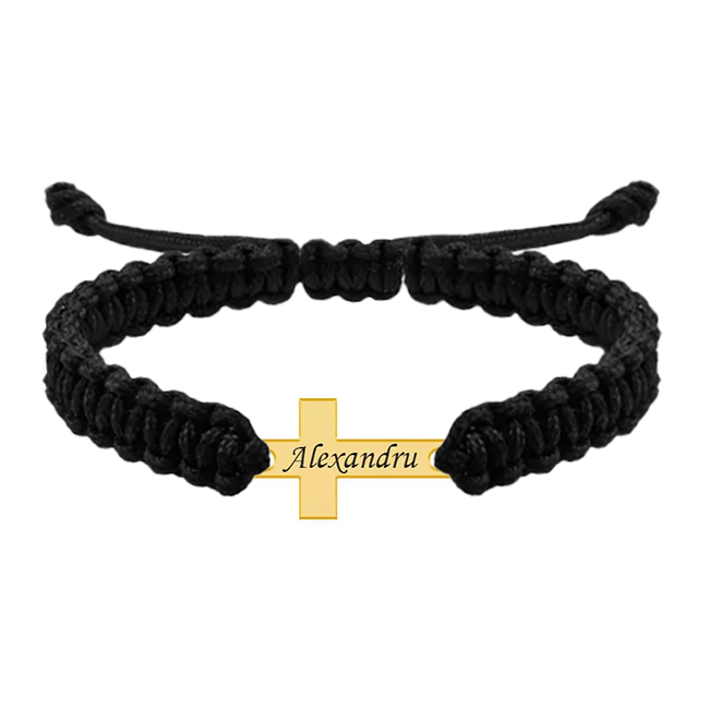 Bratara personalizata snur impletit cruciulita si nume gravat din argint 925 placat cu aur galben 24K [2]