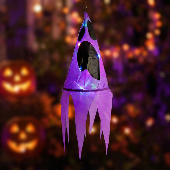 Decorațiune iluminată de Halloween - fantomă - mov - 10 LED-uri colorate - de agățat - 2 x 2032 - 75 [1]