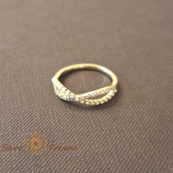 Inel dublu cu zirconia albe si perle eco - placat 14k [7]
