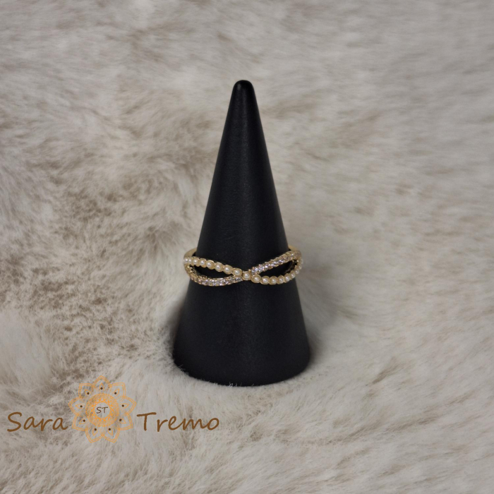 Inel dublu cu zirconia albe si perle eco - placat 14k [6]