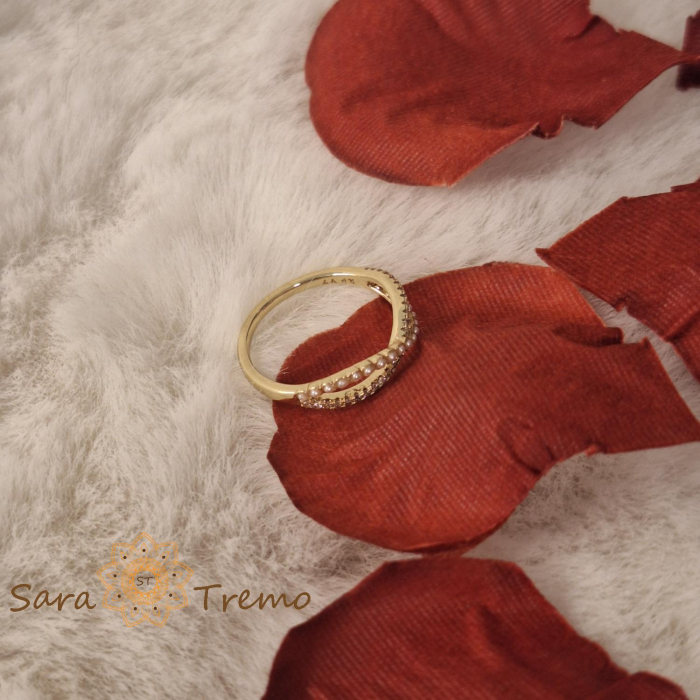 Inel dublu cu zirconia albe si perle eco - placat 14k [2]