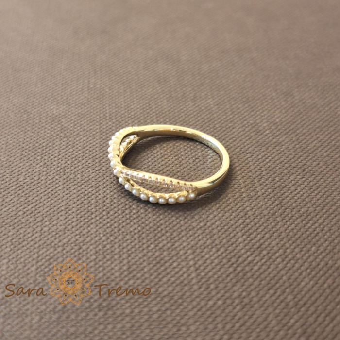 Inel dublu cu zirconia albe si perle eco - placat 14k [3]