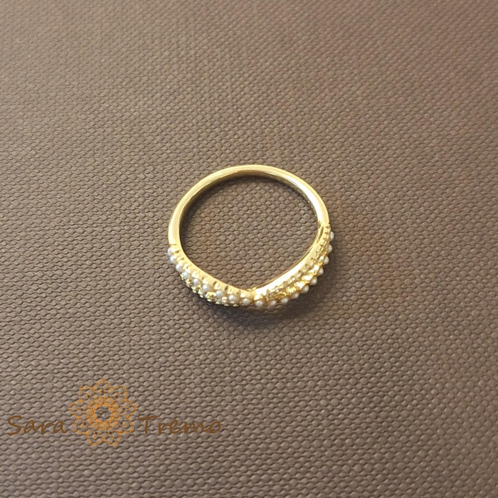 Inel dublu cu zirconia albe si perle eco - placat 14k [4]