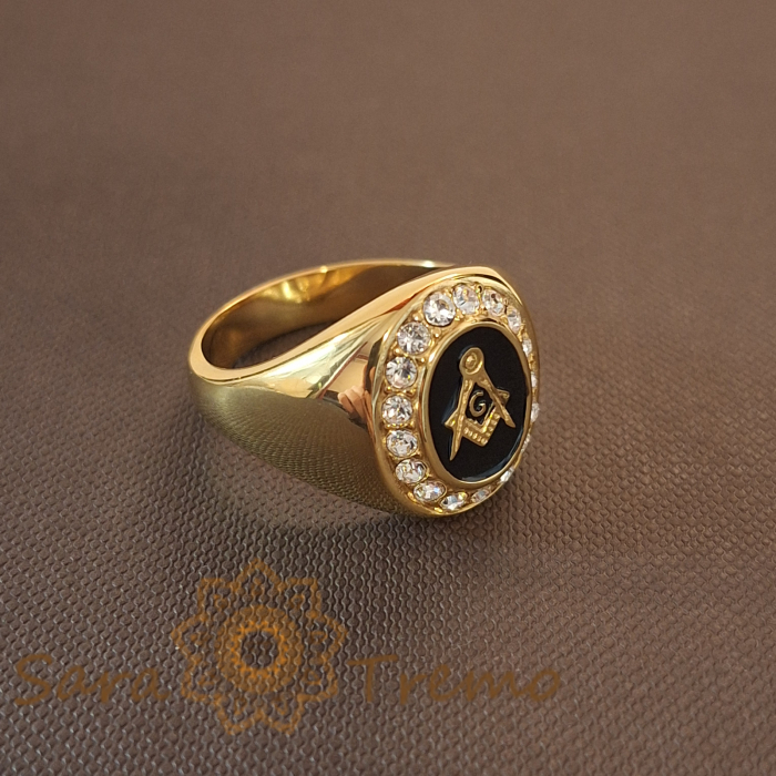 Inel cu simboluri masonice și cristale zirconia, model sigiliu regal, lățime 1.9 cm [2]