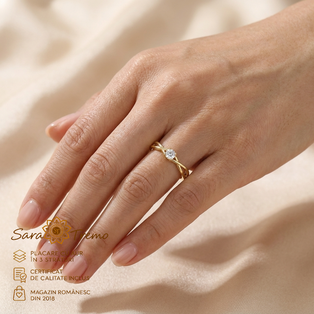 Inel Îmbrățișare fin cu zirconia, placat cu aur 14K | SaraTremo [2]