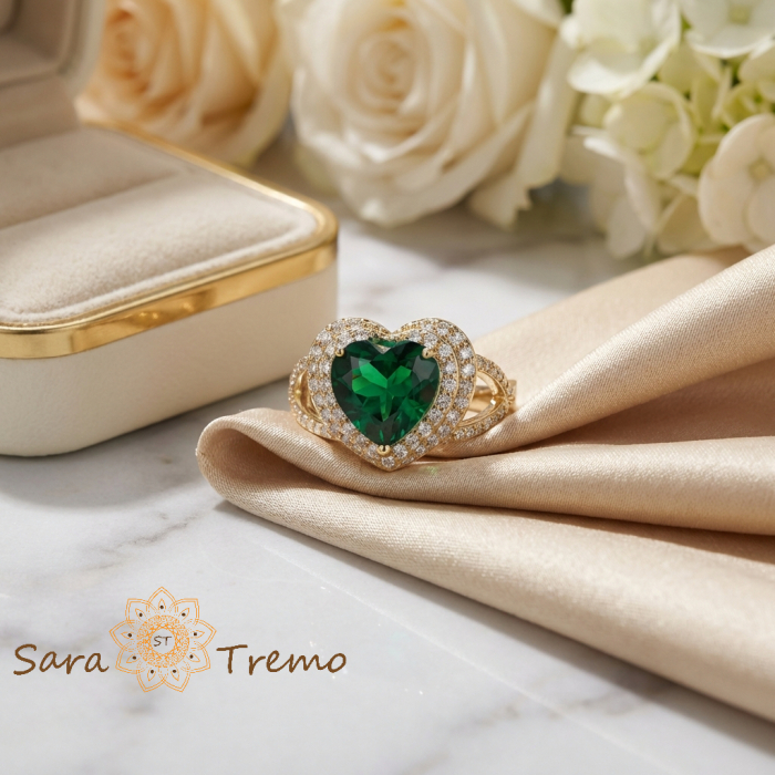 Inel Inima Smaraldului Imperial – Inel placat cu aur 14K cu zirconia verzi si albe [2]