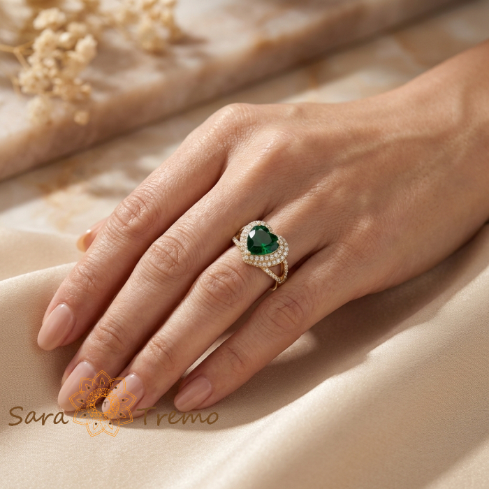 Inel Inima Smaraldului Imperial – Inel placat cu aur 14K cu zirconia verzi si albe [3]