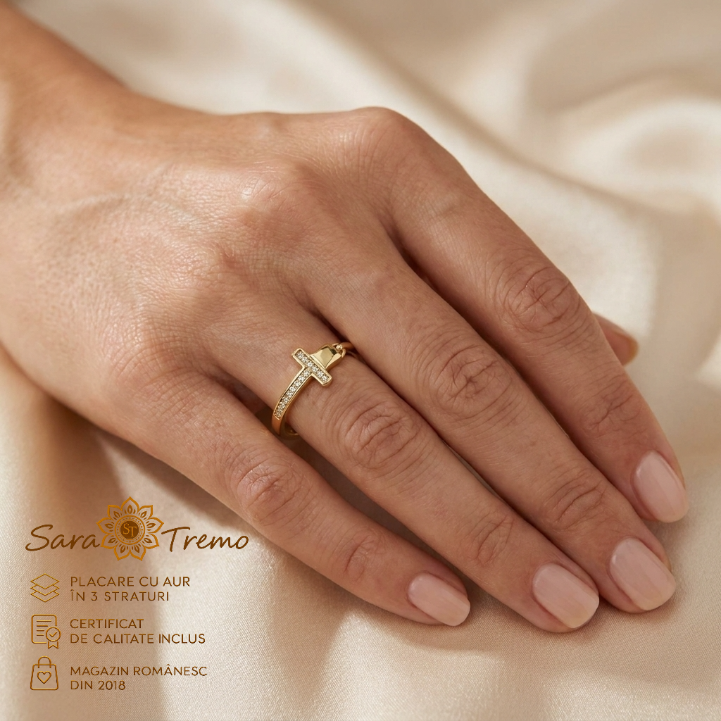 Inel Litera T cu zirconia, placat cu aur 14K | SaraTremo [2]