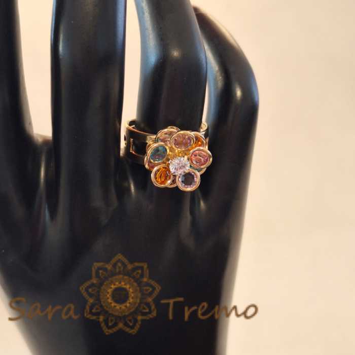 Inel placat cu aur cu design floral reglabil, cu petale colorate [5]