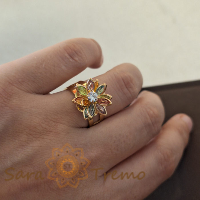 Inel placat cu aur Sharp Petals, design unic de floare de colț cu petale colorate, marime reglabila [8]