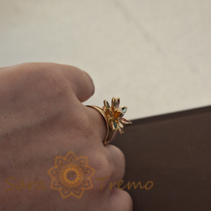 Inel placat cu aur Sharp Petals, design unic de floare de colț cu petale colorate, marime reglabila [9]