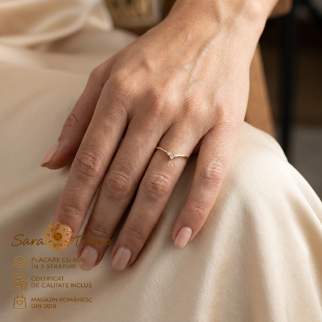 Inel Punct de Lumină minimalist cu zirconia, aur 14K | SaraTremo [2]