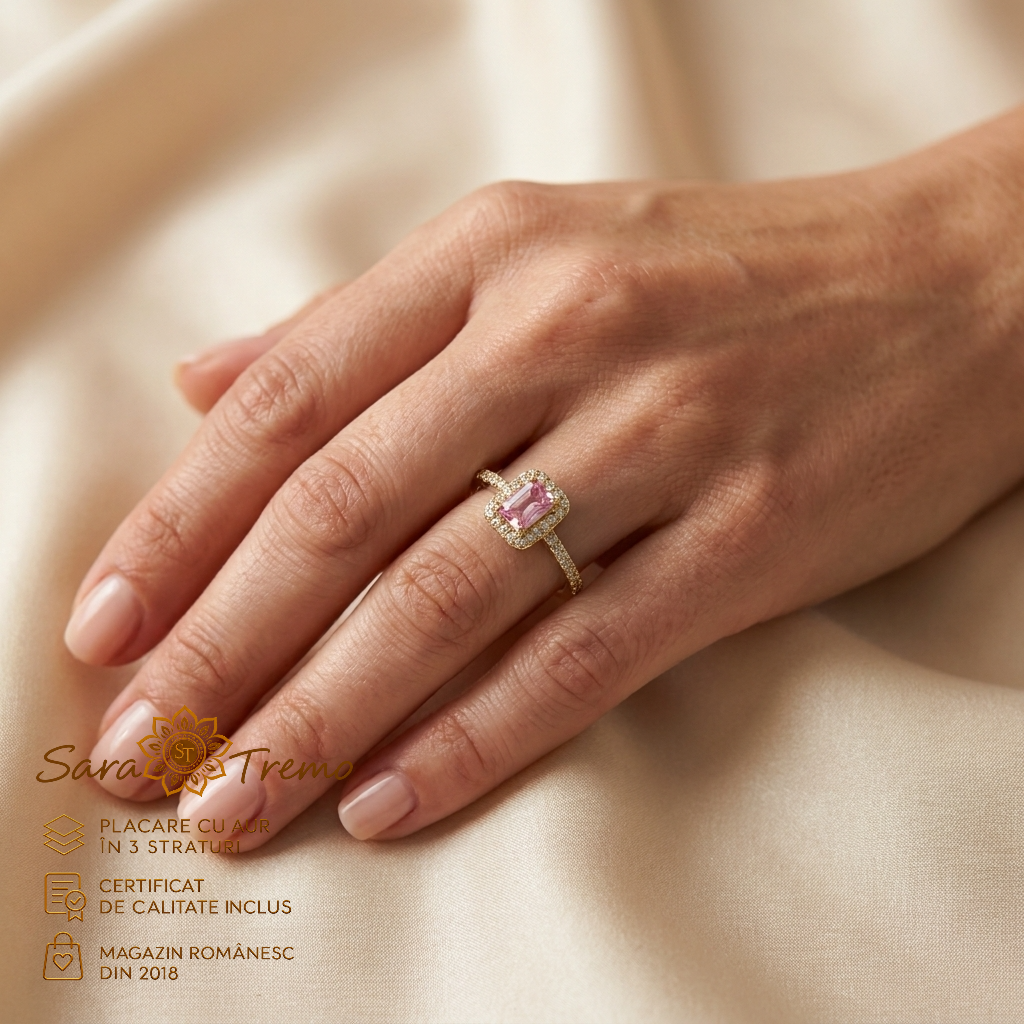 Inel Safir Roz Pătrat cu zirconia, placat cu aur 14K | SaraTremo [2]