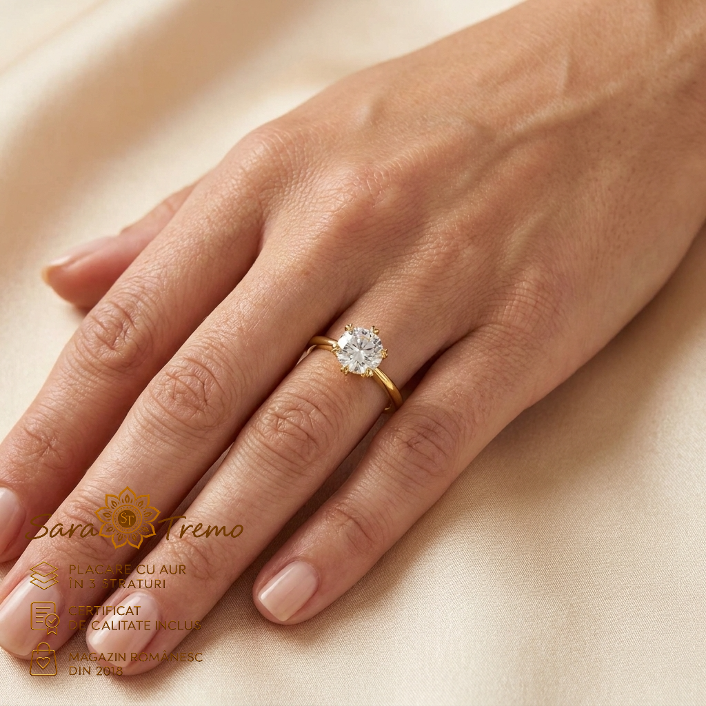 Inel Solitaire Diamant 6 mm cu zirconia, aur 14K | SaraTremo [2]