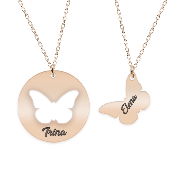 Mariposa - Set coliere personalizate banut si fluturas cu nume din argint 925 placat cu aur roz [2]